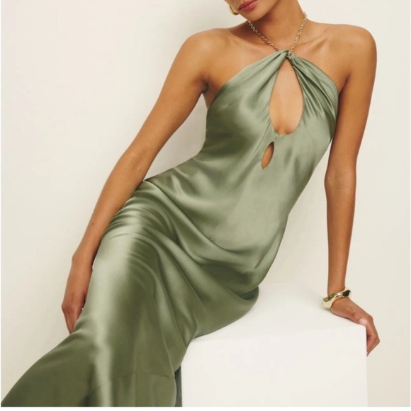 Reformation Silk Yesenia Halter Neck Long Maxi Dress in Green, Size XS - Picture 1 of 9